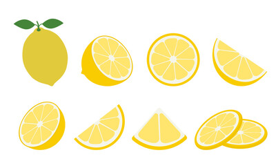 Big vector set of fresh lemones. Lemone fruit isolated on blue background. Vector illustration for design and print