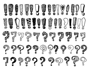 a set of drawings of question marks and exclamation marks. hand-drawn doodle-style collection of isolated exclamation and question marks with various patterns and textures, black outline on white for 