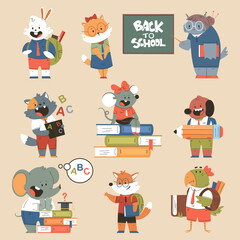 Funny animals back to school vector cartoon characters set isolated on background.