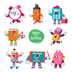 Back to school supplies funny characters vector cartoon set isolated on a white background.