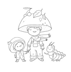 Cute cartoon gnome mushroom, his friend and caterpillar. Cheerful garden elves. Boys in carnival costumes. Vector