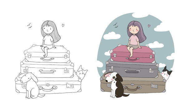 Happy Travel. Cute cartoon girl, dog, cat and suitcases. Bon Voyage. Illustration for coloring books. Monochrome and colored versions.