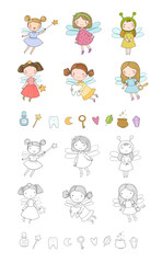 Cute cartoon fairies. Fairy elves. Childrens illustration. tooth Fairy. Illustration for coloring books. Monochrome and colored versions.