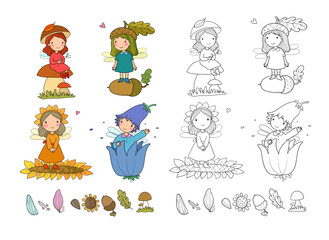Cute little cartoon fairy girls. forest gnomes. Elves princesses with wings. Illustration for coloring books. Monochrome and colored versions. Vector
