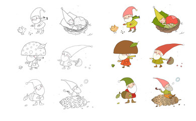 cute funny cartoon garden gnomes. Funny elves. Illustration for coloring books. Monochrome and colored versions.
