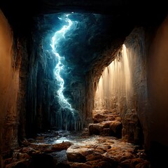 A blue lightning striking the ground inside the cave with scary vibes