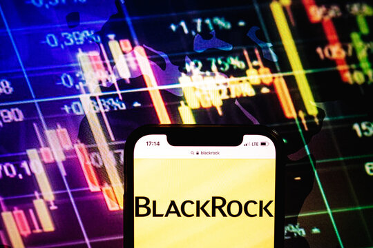 KONSKIE, POLAND - August 09, 2022: Smartphone displaying logo of BlackRock company on stock exchange chart background
