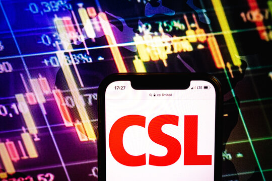 KONSKIE, POLAND - August 09, 2022: Smartphone displaying logo of CSL Limited company on stock exchange chart background