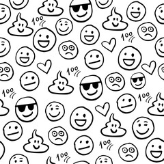Emojis, emoticon, seamless pattern, fun print with hand drawn faces, irregular shapes. Joy, anger, sadness, sleep, fear, and other facial expressions. Background texture, repeatable backdrop. Vector