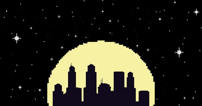 Pixel art animation. Pixel city with stars. Seamless looping animation video pixel game 8 bit
