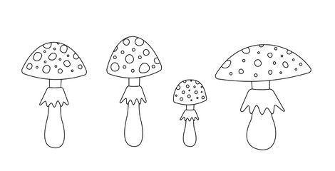 Amanita coloring book. Black and white set of poisonous mushrooms. Vector