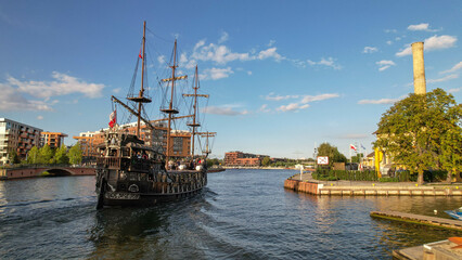 The old ship of Gdansk. The water channel of the city.