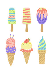 Ice cream set. Colorful bright cone, popsicle, soft serve, stick. Ice cream. Cartoon, flat, vector