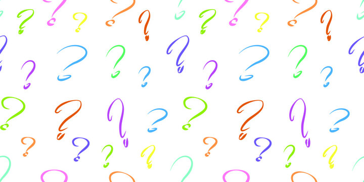 Seamless pattern of colored question marks on a white background. A sign expressing doubt, mystery, secret, scientific research. Research, theories, answer, question "Why". Vector stock image