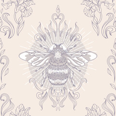 Shining bumblebee, sun rays, herbs and leaves. Seamless pattern in vintage style. Halloween, magic, witchcraft, astrology, mysticism. For wallpaper, printing on fabric, wrapping, background.