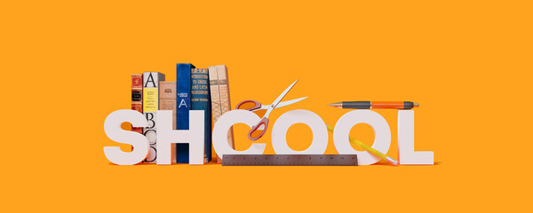 School 3d render lettering typography illustration on orange background composition includes book ruler scissors pen and pencil