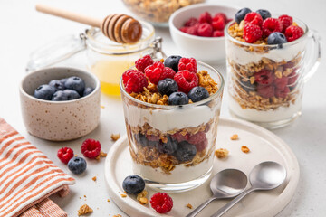 Granola with yogurt in glass served with fresh raspberry, blueberry and honey. Homemade oatmeal muesli. Vegetarian breakfast, healthy eating concept. Selective focus.