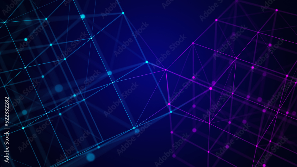 Poster abstract dark background with moving lines and dots. data transmission. visualization of network con