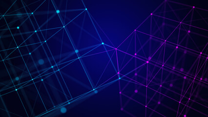 Obraz premium Abstract dark background with moving lines and dots. Data transmission. Visualization of network connections. The concept of big data. Internet connection worldwide. 3d rendering.