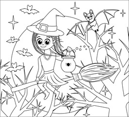 Witch on broom. Coloring book. Full moon night. Halloween. Black and white. Vector