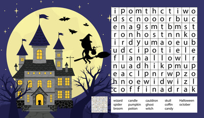 Halloween word search game puzzle for kids. Castle, night, moon. Cartoon, vector