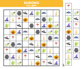 Fototapeta na wymiar Halloween sudoku game with nine cartoon pictures for kids. Halloween sudoku. Cut and glue