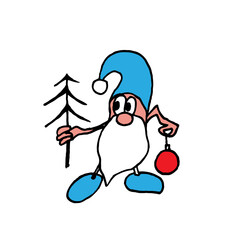 Funny cute dwarf in a blue hat is decorating a Christmas tree. Vector sketch in the style of doodles.