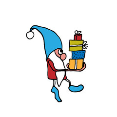 Сute Christmas gnome is holding gifts in his hands. Vector illustration in doodle style.