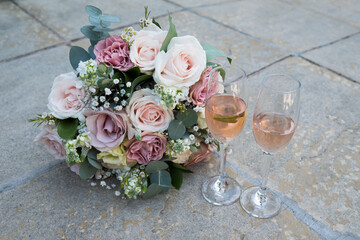Wedding Bouquet & Pink Champagne