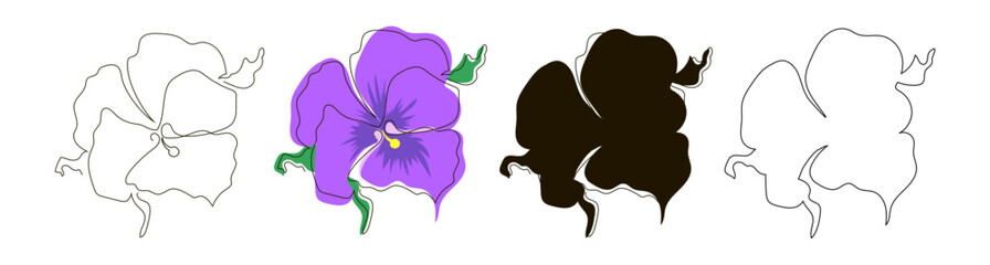 Set of four pansy-eye blossoms in single line, doodle, outline and black silhouette style. Stock vector illustration, isolated on white background.