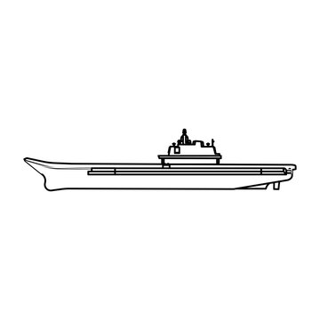 recommend clip art: Aircraft carrier military ship vector icon illustration outline. Navy warship with weapon and plane. Battleship war transportation fighter isolated white line thin