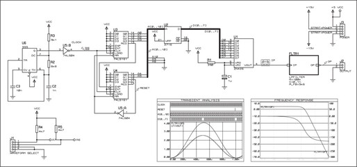 
Vector electrical schematic circuit of a
digital device and signal graphics (transient analysis,
frequency response)