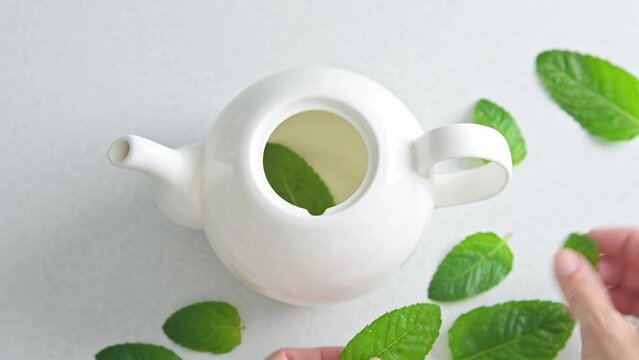 Hands of young woman in white linen shirt put fresh green peppermint lemon balm melissa spearmint leaves into white teapot in kitchen. Herbal tea preparation process, healthy vitamin drink. 