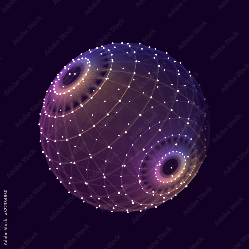 Poster technology grid sphere. blue sphere consisting of points and lines. modern wireframe elements. vecto