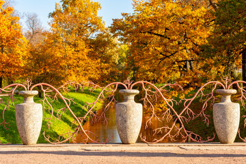 Large Chinese bridge in Alexander park in fall, Pushkin (Tsarskoe Selo), St. Petersburg, Russia