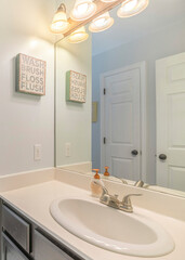 Vertical Bathroom interior with vanity sink and shower curtain with printed polka dots