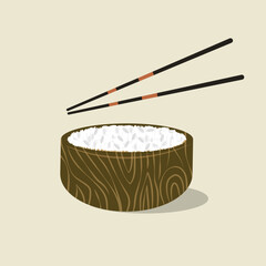 Wooden bowl with rice and food sticks. Japanese cuisine concept. Cartoon vector illustration.