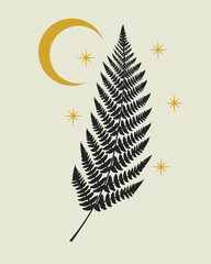 Vector hand drawn illustration of tropical fern leaf with moon and stars. Boho mystical celestial clipart.
