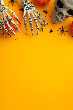 Halloween creepy accessories concept. Top view vertical photo of skull skeleton hands holding pumpkins spiders and black confetti on isolated orange background with empty space