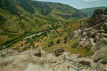 Vardzia cave monastery site in southern Georgia excavated from the slopes of the Erusheti Mountain on the left bank of the Kura River daylight view