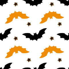 A pattern of bats for Halloween. seamless pattern of a floating bat silhouette in orange and black with stars