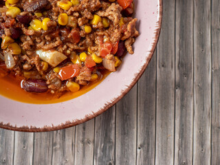 Chili con carne, a traditional Mexican dish with beef and beans.