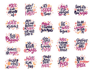 Set og magical phrases. Inspirational quotes with constellations, moon, rainbow, magic wand and stars.