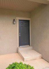 Vertical Entrance of a house with black front door and concrete doorsteps