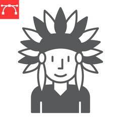 Native American glyph icon, indian man and headdress, Native American vector icon, vector graphics, editable stroke solid sign, eps 10.