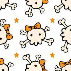 skull pattern for halloween. seamless skull pattern with orange bow and solved bones with cute in orange-black color with stars