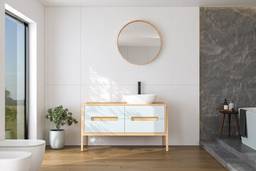 Stylish bathroom interior with white and concrete walls, white basin with oval mirror, bathtub, plants and dark parquet floor. Minimalist cozy bathroom with modern furniture. 3D rendering

