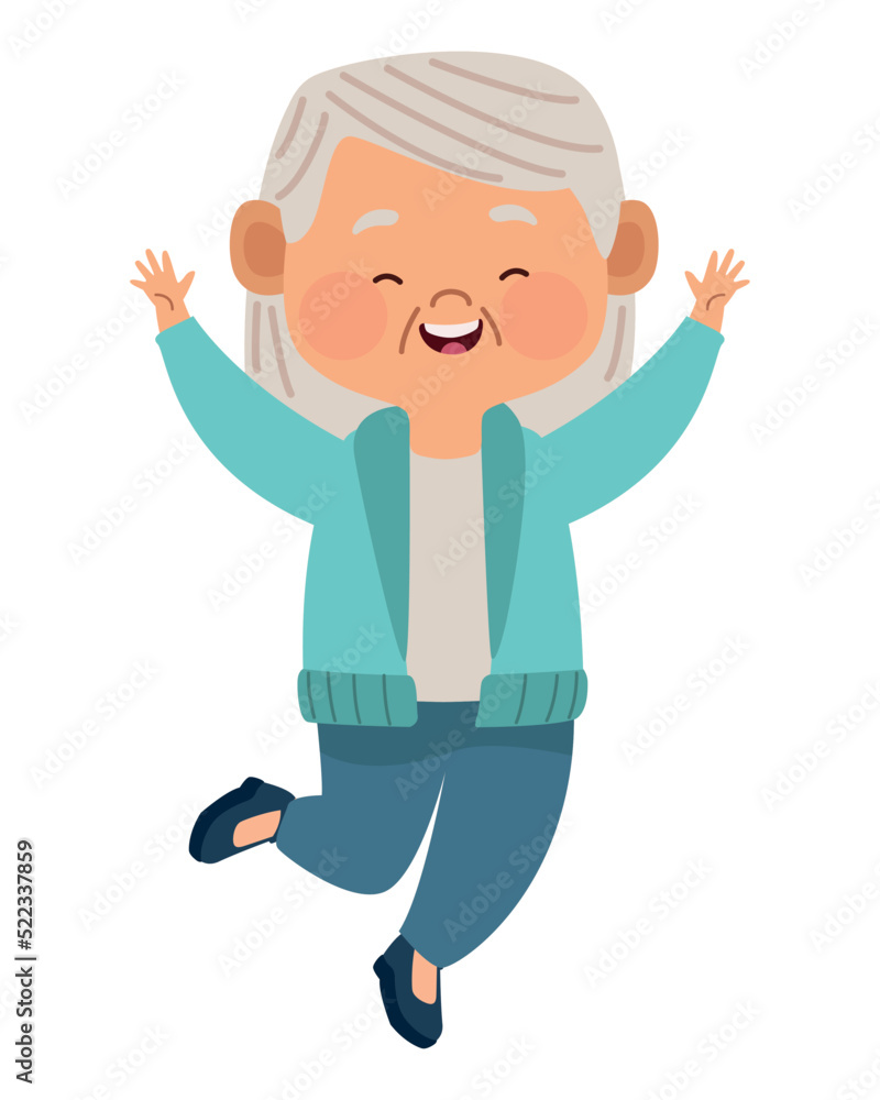 Sticker asian old woman jumping