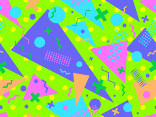 Geometric seamless pattern with memphis elements in 80s style. Colorful dotted background with geometric shapes. Design of promotional products, wrapping paper and printing. Vector illustration