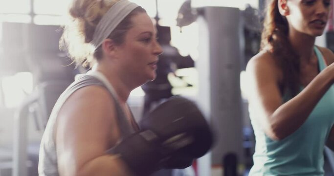 Beautiful, strong overweight woman boxing, training or exercising in gym with gyming instructor, coach or trainer. Real, determined people in endurance workout session with strength muscle equipment